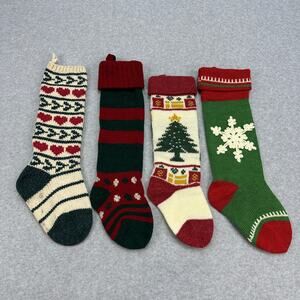 VTG Wool Knit Set of 4 Christmas Stockings Green Red White Fair Isle Cabincore